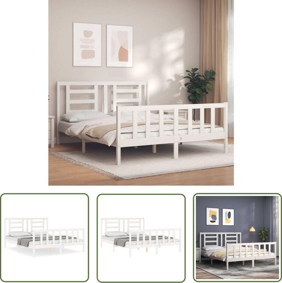 The Living Store Bedframe met hoofdbord massief hout wit 160x200 cm Bedframe Bedframes Bed Tweepersoonsbed Slaapkamermeubel Houten Bedframe Houten Bed Bedbodem Massief Houten Bedframe Ledikant Bedframe Met Hoofdeinde - Foto 6