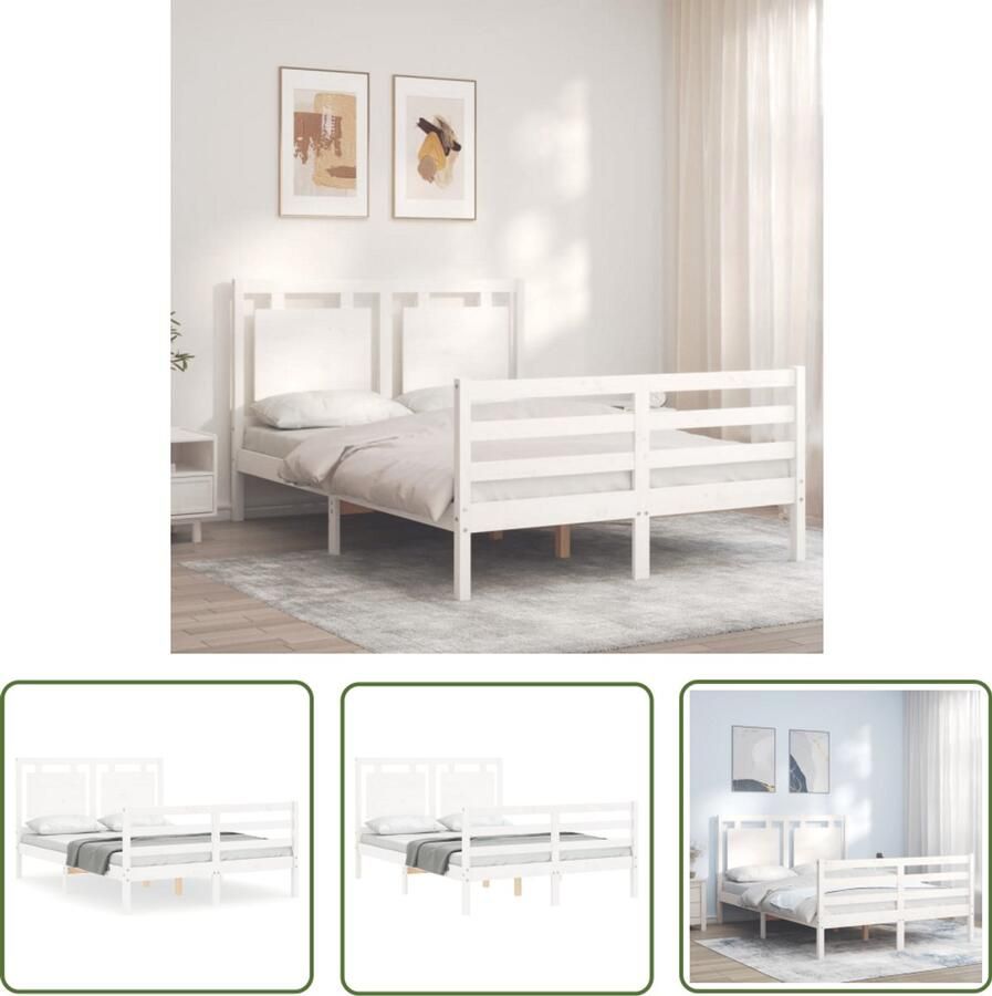 VidaXL Wit Bed Frame Massief Houten Bed Frame Bedframe met hoofdbord massief hout wit Bed Frame 135x190 Houten Bed Met Hoofdbord