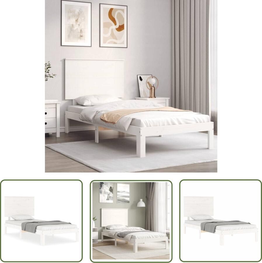 The Living Store Massief grenenhouten bedframe 193.5x93.5x82.5 cm Wit Massief Houten Bed Frame Wit Bed Frame Tweepersoons Bed Frame Met Hoofdbord Grenenhouten Bed