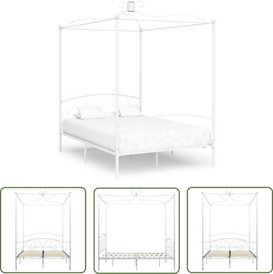 The Living Store Metalen Hemelbedframe Wit 211 x 129 x 227 cm Massief Metaal Geschikt voor 120 x 200 cm Matras Metalen Hemelbed Wit Bed Frame Tweepersoons Bed Hoofdbord Vintage Bed