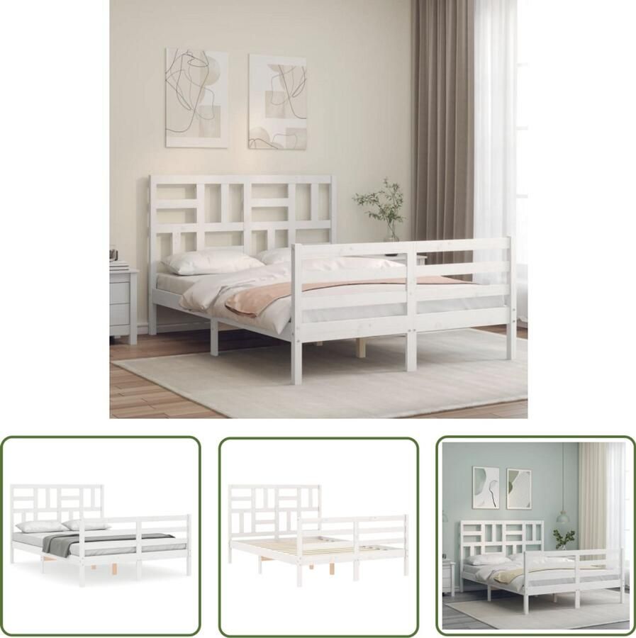VidaXL Wit Bed Massief Houten Bed Bedframe met hoofdbord massief hout wit Bedframe 135x190 Tweepersoons Bed Houten Bedframe