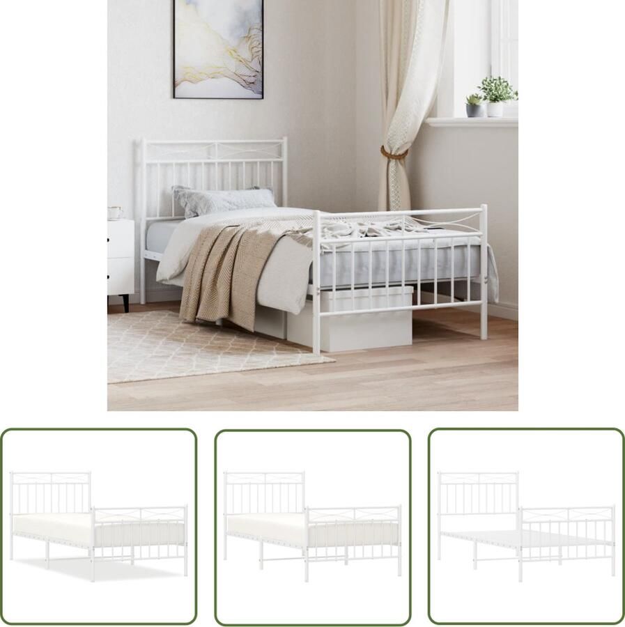 The Living Store Bedframe Wit Metalen constructie Metalen latten Extra opbergruimte Functioneel hoofd- en voeteneinde Afmetingen- 196x95x91 cm Metalen Bedframe Wit Bedframe 90x190 Slaapcomfort Boxspring Bed