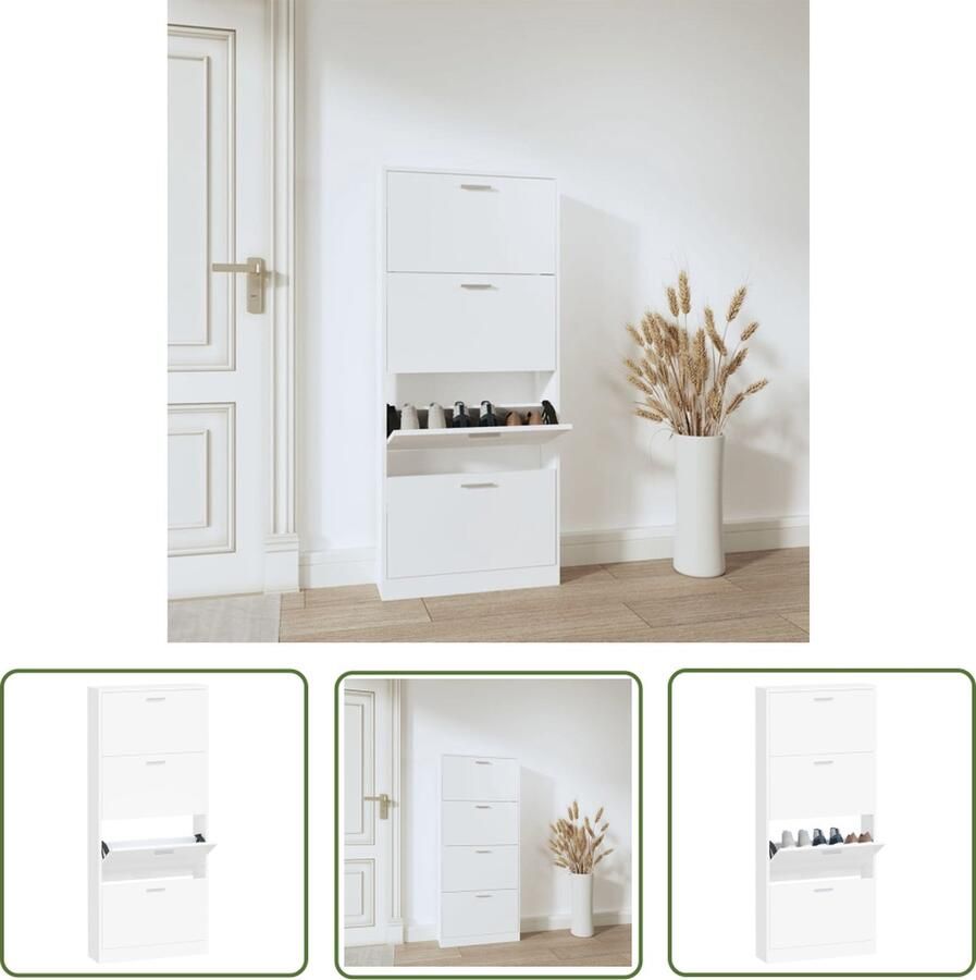 The Living Store Schoenenkast Modern Meubel 59 x 17 x 150 cm 4 lades Schoenenkast Wit Schoene Organisatie Modern Design Bewerk Hout - Foto 2