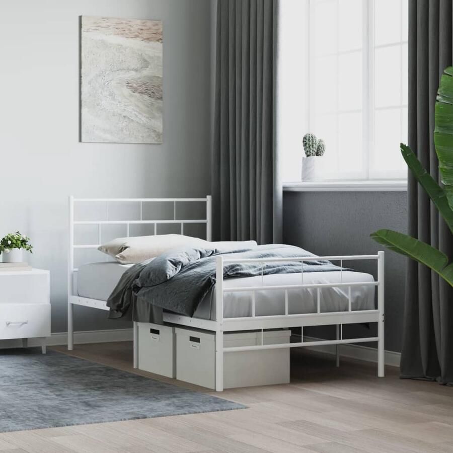 VidaXL Bedframe Metaal 100x190 cm Wit Robuust Bed Frame Klassiek Bed Frame Metalen Bed Frame Wit Bed Frame Enkelpersoons Bed Frame Met Opbergruimte Bed Frame Met Hoofdeinde - Foto 2