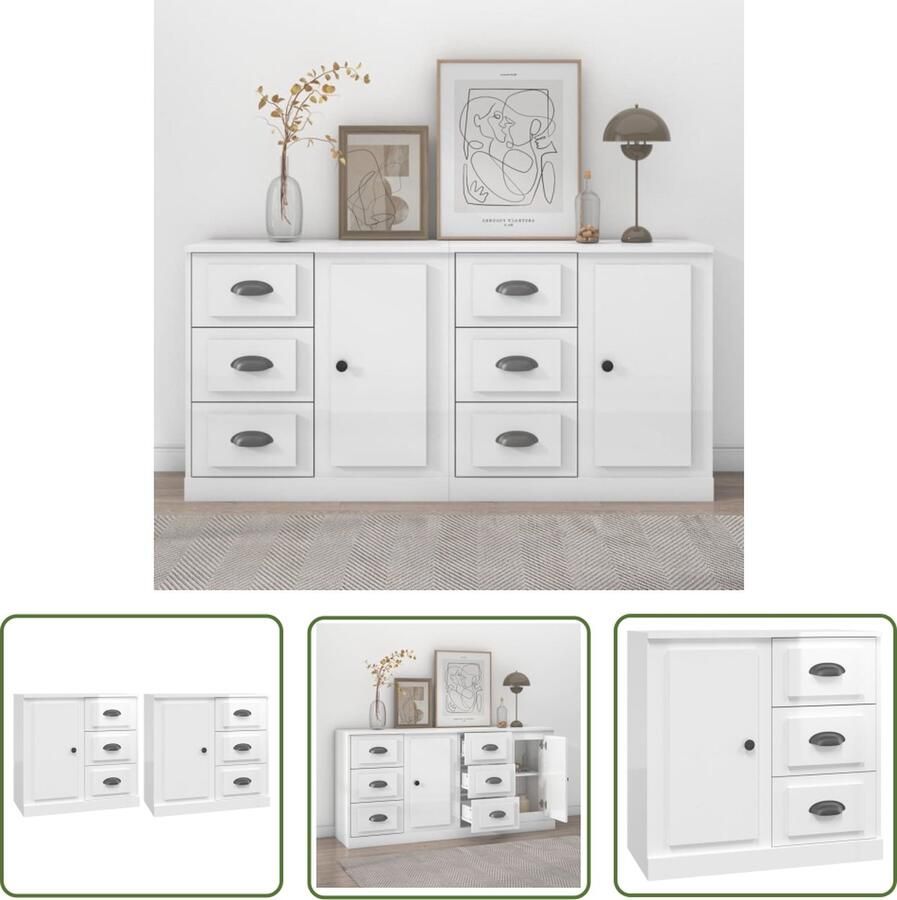 The Living Store Dressoirs 2 st bewerkt hout hoogglans wit Dressoir Witte Dressoir Houten Dressoir Badkamermeubel Slaapkamermeubel