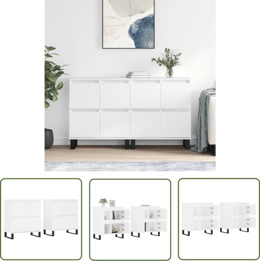 The Living Store Dressoirs 2 st bewerkt hout wit Klassieke Dressoir Wit Houten Dressoir Opslagmeubel Salontafel