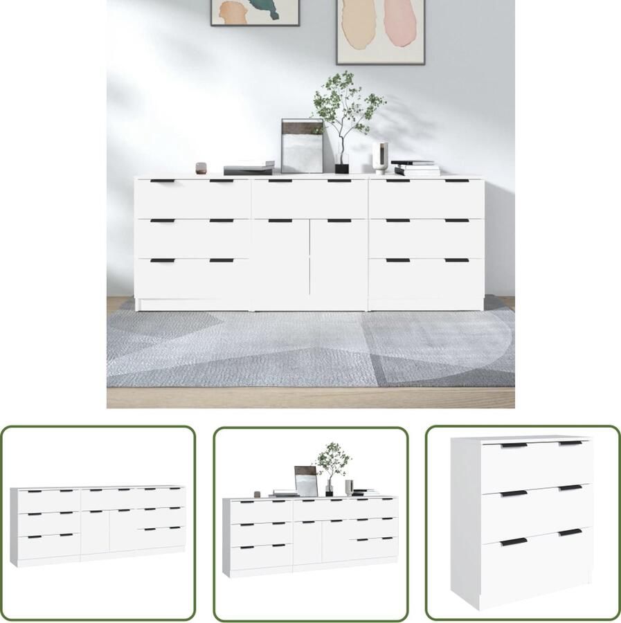 The Living Store 3-delige Dressoirs bewerkt hout wit Dressoir Commode Houten Dressoir Wit Dressoir Opbergkast