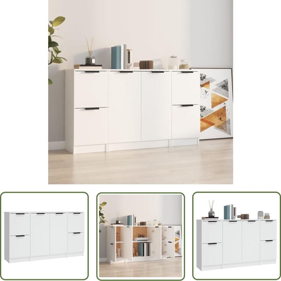 The Living Store Dressoirs 3 st bewerkt hout wit Dressoir Minimalistisch Design Houten Dressoir Wit Dressoir Opbergkast