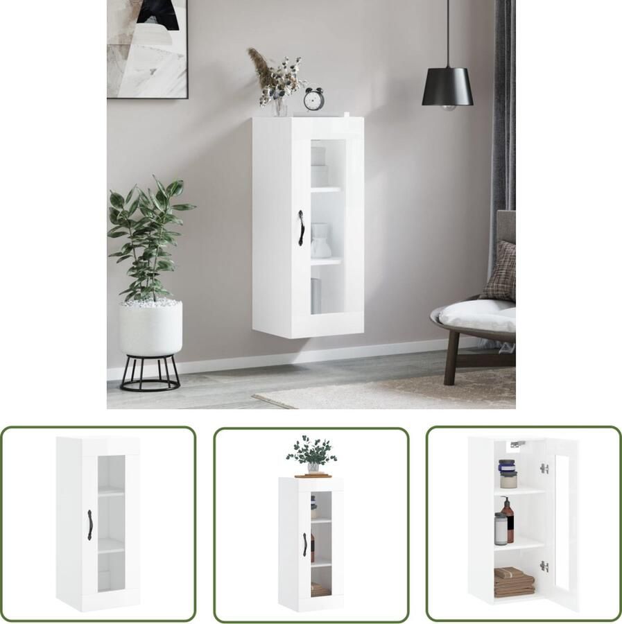 The Living Store Hangkast 34 5x34x90 cm hoogglans wit Zwevende Kast Wandkast Opbergkast Witte Kast Houten Kast