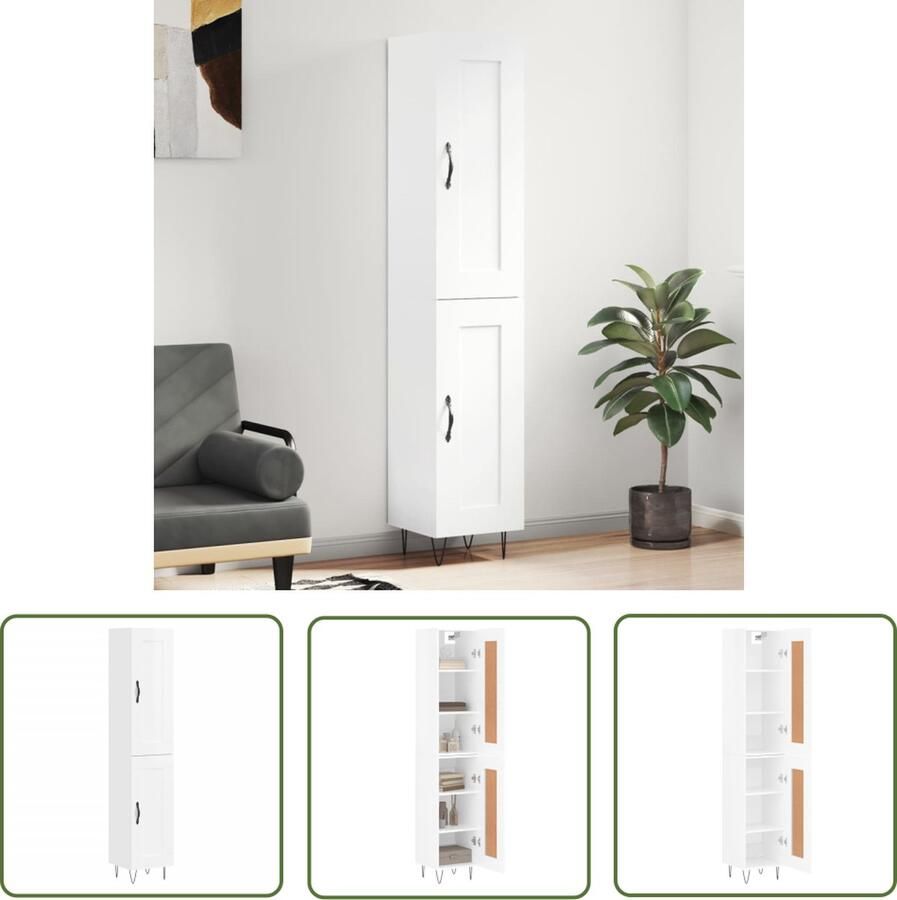 The Living Store Hoge kast 34 5x34x180 cm bewerkt hout hoogglans wit Hoge Kast Dressoir Buffetkast Opslagruimte Houten Kast