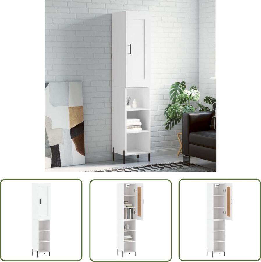 The Living Store Hoge kast 34 5x34x180 cm bewerkt hout wit Hoge Kast Opbergkast Witte Kast Houten Kast Metaalkast