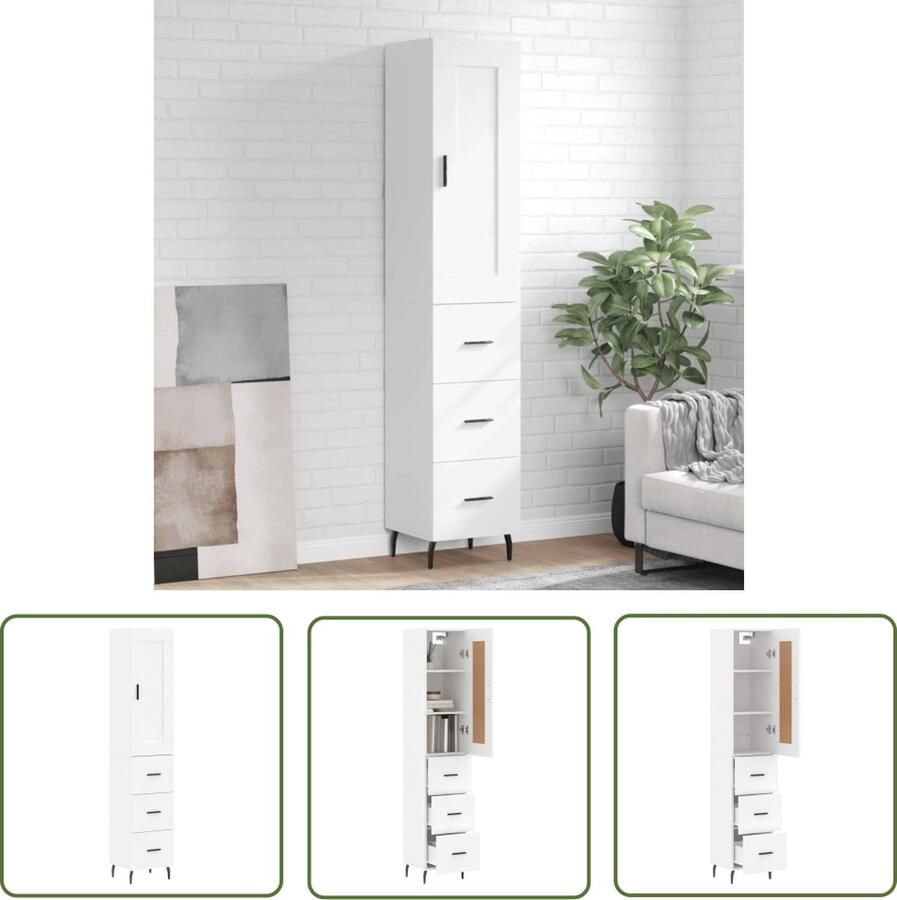 VidaXL Witte Kast Hoge Kast Hoge kast 34 5x34x180 cm bewerkt hout wit Houten Kast Opbergkast Dressoir