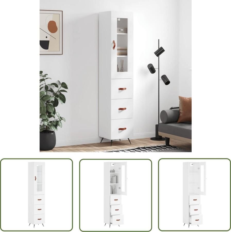 The Living Store Hoge kast 34 5x34x180 cm bewerkt hout wit Hoge Kast Dressoir Buffetkast Opbergkast Witte Kast
