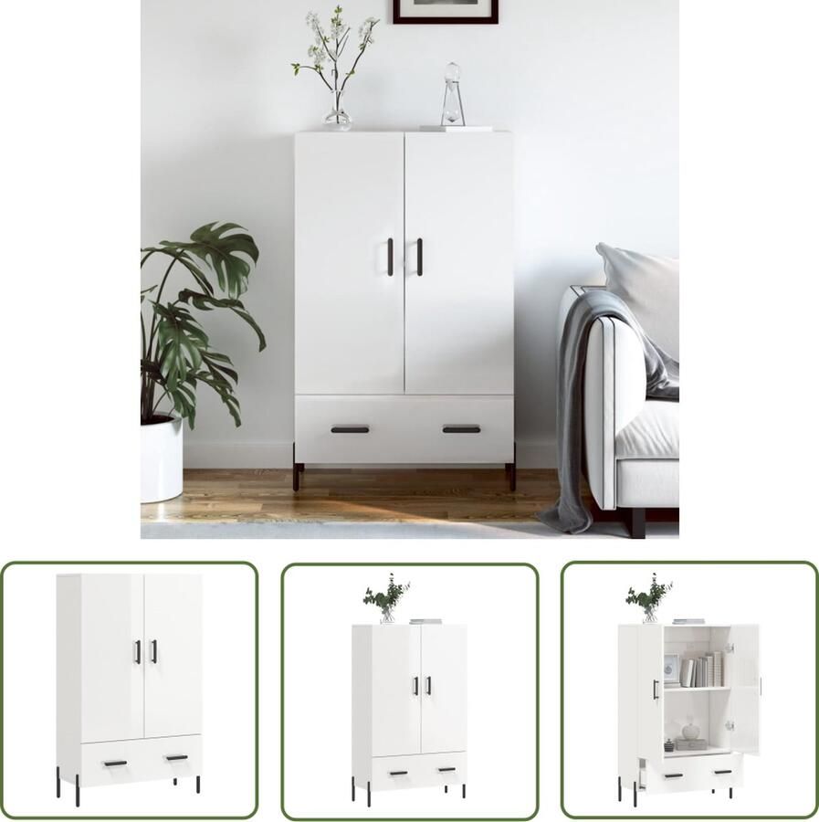The Living Store Hoge kast 69 5x31x115 cm bewerkt hout hoogglans wit Hoge Kast Dressoir Buffetkast Opslagoplossing Keukenmeubilair - Foto 3