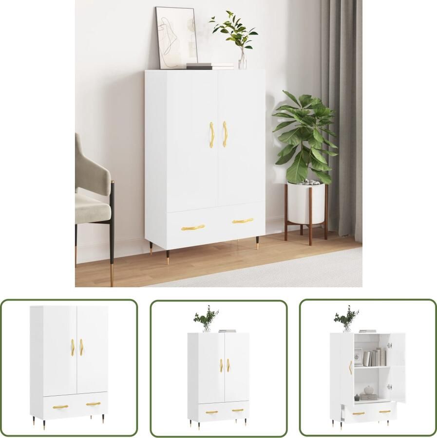 VidaXL The Living Store Hoge kast 69 5x31x115 cm bewerkt hout hoogglans wit Hoge Kast Dressoir Buffetkast Witte Kast Houten Kast - Foto 4