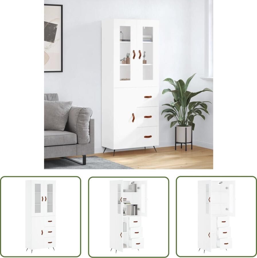 The Living Store Hoge kast 69 5x34x180 cm bewerkt hout wit Hoge Kast Opslagruimte Houten Kast Witte Kast