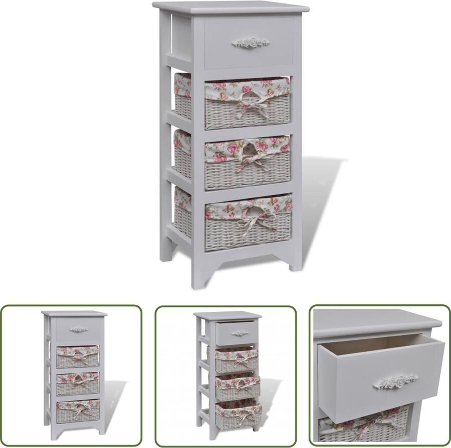 The Living Store Kast met 1 lade en 3 manden paulowniahout wit Houten Kast Witte Kast Opbergkast Kast Met Laden Kast Met Manden - Foto 2