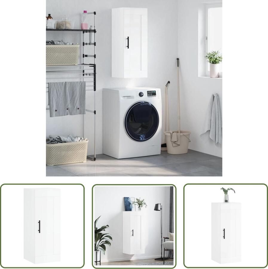 The Living Store Wandkast 34 5x34x90 cm bewerkt hout hoogglans wit Wandkast Hangkast Opbergkast Keukenkast Witte Kast