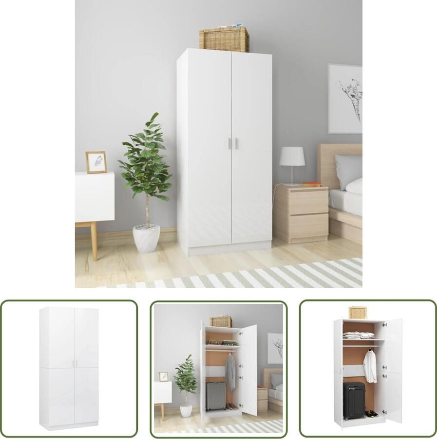 The Living Store Kledingkast Hoogglans Wit 80 x 52 x 180 cm 2 Deuren Hangstang Kledingkast Witte Kledingkast Garderobe Houten Kledingkast Compact Meubilair - Foto 2