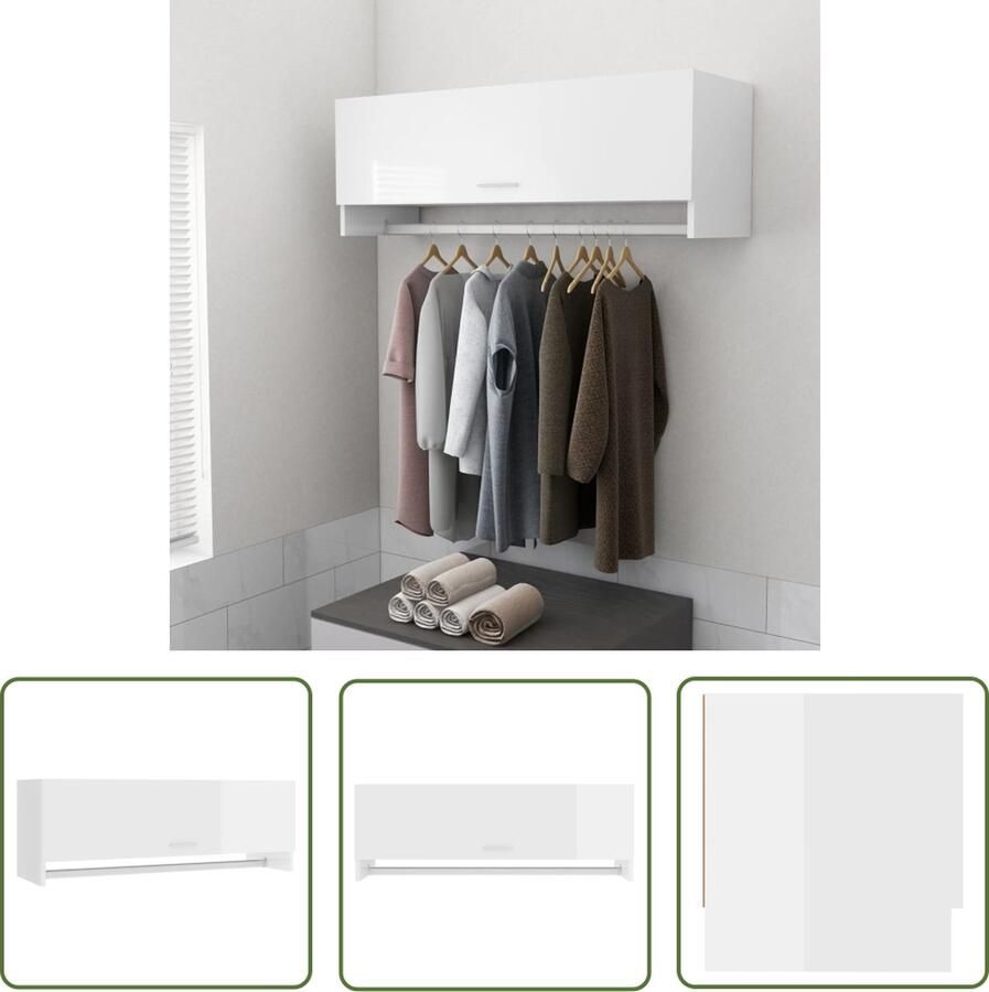 The Living Store Garderobe Basic Compact 100 x 32.5 x 35 cm Hoogglans wit Compacte Kledingkast Witte Kledingkast Houten Kledingkast Garderobe Basic Kledingopslag - Foto 2