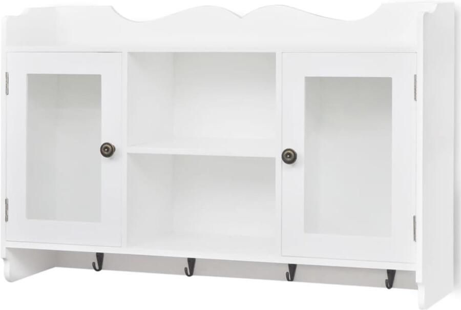 VidaXL Witte MDF Wandschap met Glasdeuren en Haken Hangend Vitrineschaps Houten Vitrinekast Displaykast Wanddecoratie Opbergkasten