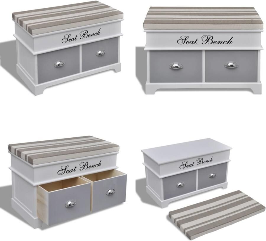 VidaXL Witte opbergbank halbank met grijze kussen + 2 lades Bankje Halbank Halbanken Hal Bank