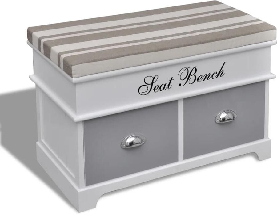 VidaXL Witte Opbergbank Paulownia Hout Grijze Kussen 2 Lades Opbergbank Halbank Bankje Houten Bank Witte Bank Kast Met Lade Opbergrek Meubilair Woonaccessoires Interieurdecoratie - Foto 2