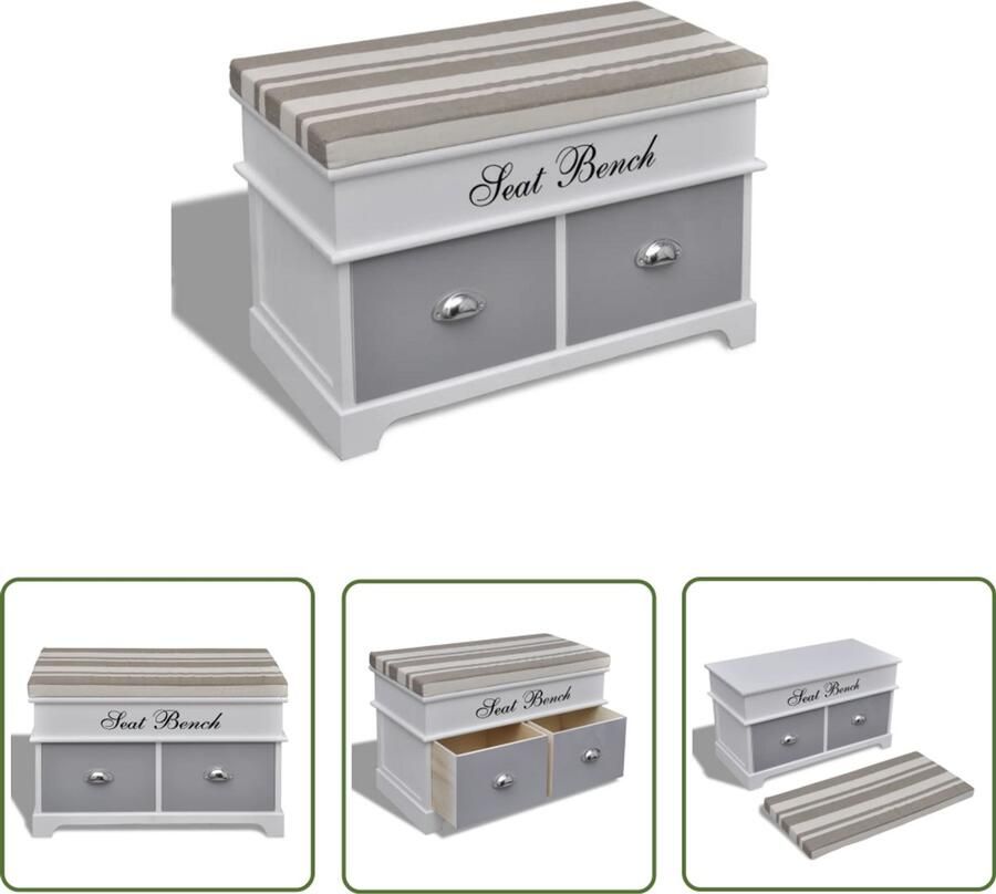 VidaXL Witte Opbergbank Paulownia Hout Grijze Kussen 2 Lades Opbergbank Halbank Bankje Houten Bank Witte Bank Kast Met Lade Opbergrek Meubilair Woonaccessoires Interieurdecoratie