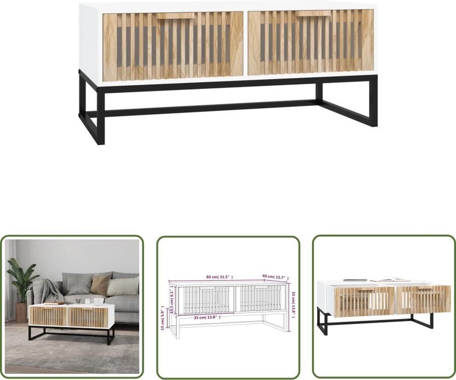 The Living Store Salontafel Wit 80 x 40 x 35 cm Bewerkt hout en ijzer Salontafel Witte Salontafel Houten Salontafel Met Lade Kleine Salontafel - Foto 2