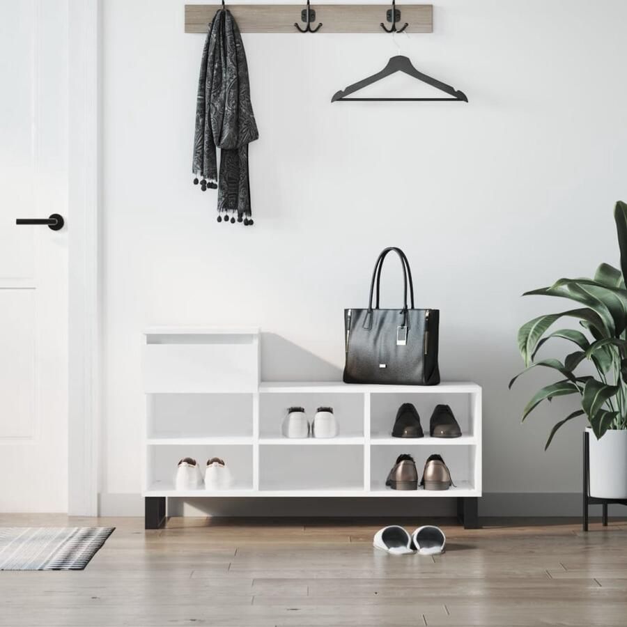 The Living Store Schoenenkast Hoogglans Wit 102 x 36 x 60 cm Met lade en 6 vakken Schoenenkast Witte Schoenenkast Houten Schoenenkast Schoenenopbergers Organisatie