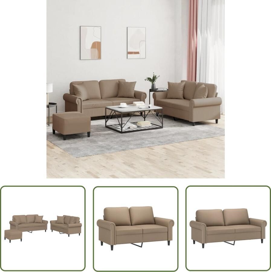 The Living Store 3-delige Loungeset met kussens kunstleer cappuccinokleurig Loungeset Woonkamer Meubels Bruine Bank Lederlook Bank Twee Persoons Bank