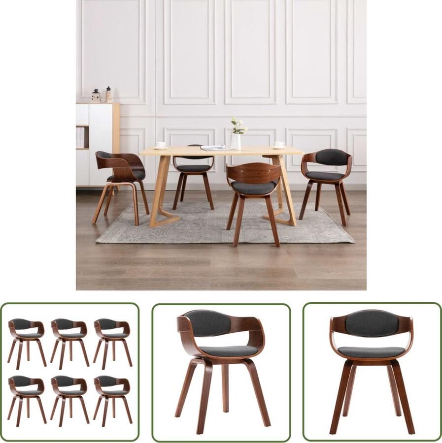The Living Store Eetstoelen Set van 6 Grijs 49 x 51.5 x 71.5 cm Stof gebogen hout Eetkamerstoelen Zachte Stoffen Bekleding Gebogen Hout Ergonomisch Ontwerp Comfortabele Stoelen - Foto 2