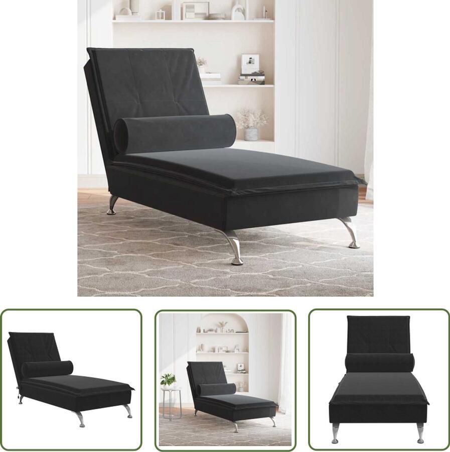 The Living Store Massage chaise longue met bolster fluweel zwart Massage Fauteuil Zachte Stoffen Trilfauteuil Relaxfauteuil Loungestoel