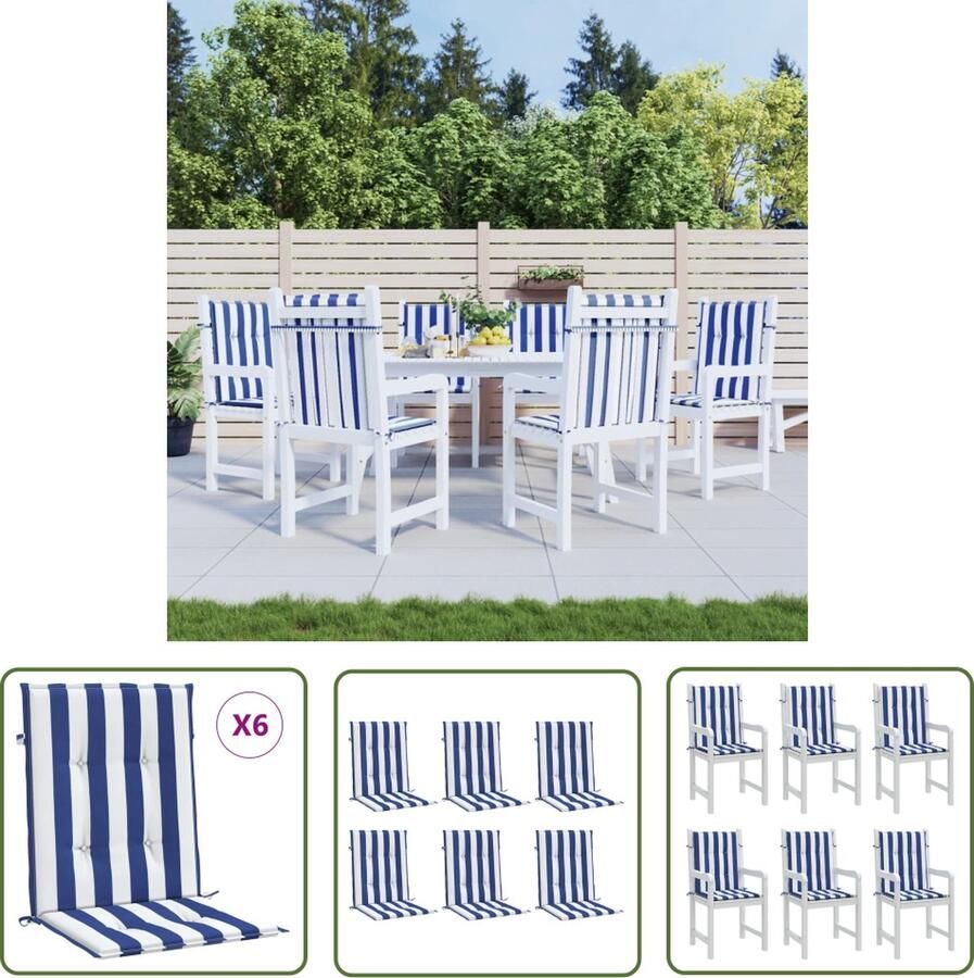 The Living Store Stoelkussens 6 st lage rug gestreept stof wit en blauw Stoelkussens Zitcushions Lounge Set Tuinkussens Outdoor Furniture