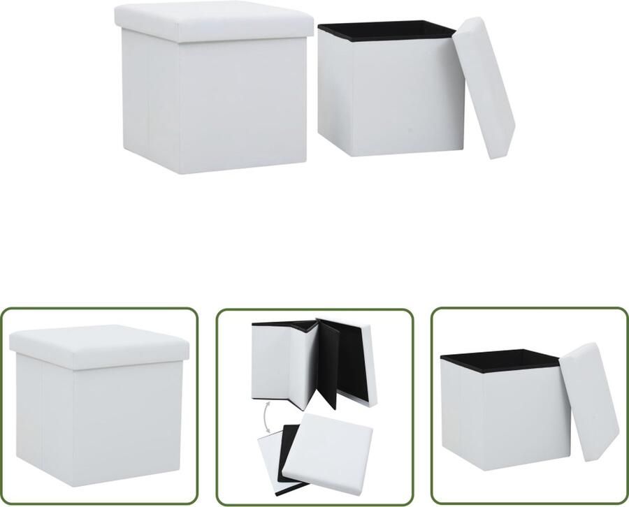 The Living Store Opbergkrukken inklapbaar 2 st kunstleer wit Opbergkrukken Zitkrukken Opbergbox Multifunctionele Stoel Salontafel - Foto 2