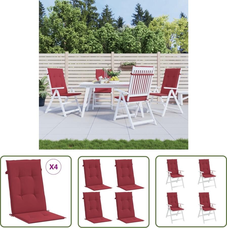 The Living Store Tuinstoelkussens 4 st hoge rug 120x50x3 cm stof wijnrood Tuinstoel Kussentje Zitkussen Outdoor Kussen Balkon Kussen Tuinkamer Accessoires