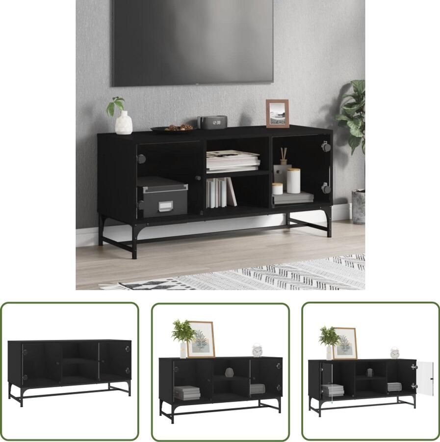 The Living Store Tv-meubel met glazen deuren 102x37x50 cm zwart Tv-meubel Zwart Tv-meubel Houten Tv-stand Mediacaft Opberg Kast