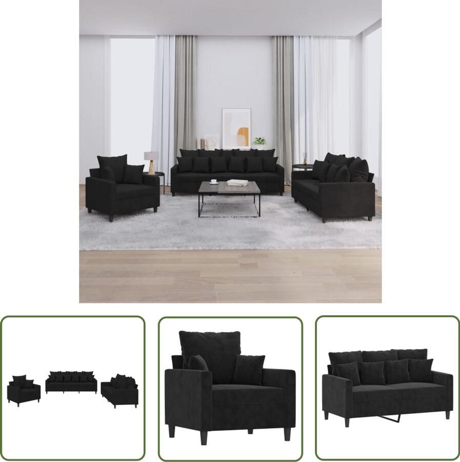 The Living Store 3-delige Loungeset met kussens fluweel zwart Loungeset Zwarte Bank Velours Bank 3 Persoons Bank Salontafel