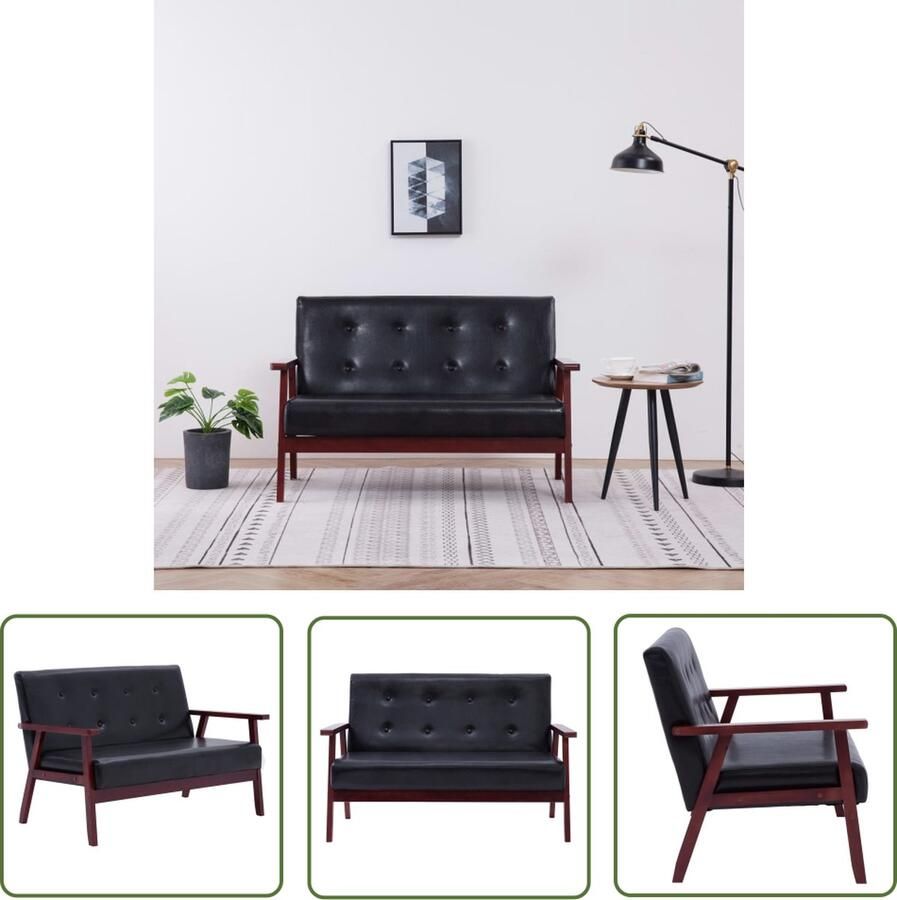 The Living Store Retro Sofa 113.5 x 67 x 73.5 cm Zwart Houten Frame Kunstleren Bekleding Retro Bank Zwarte Bank Lederlook Bank Twee Persoons Bank Lounge Bank - Foto 2
