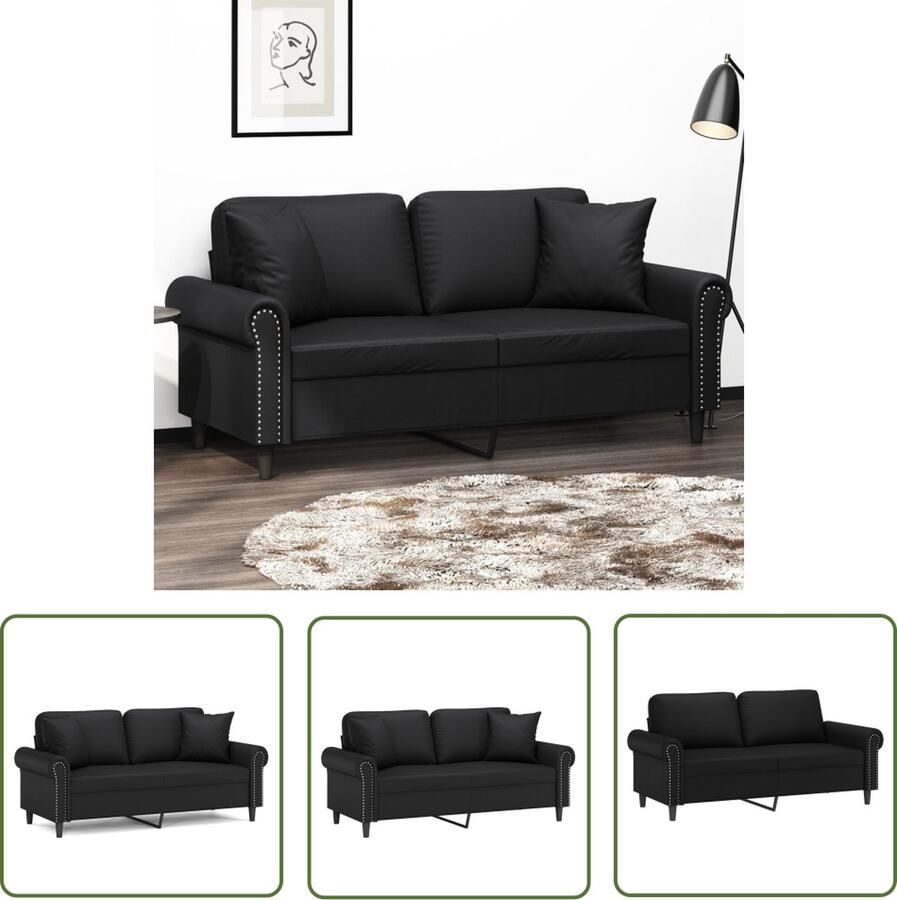 The Living Store Zwarte 2-zitsbank Kunstleren bank met sierkussens 172 x 77 x 80 cm Tweezitsbank Zwarte Bank Lederlook Bank Kunstleder Bank Lounge Bank