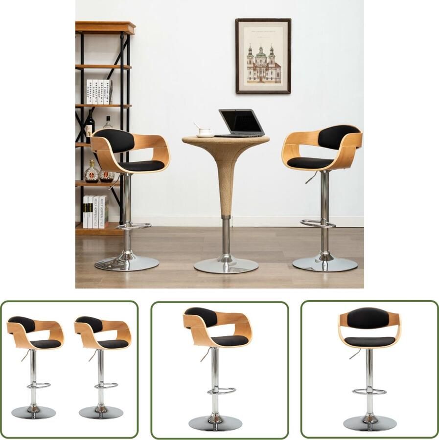 The Living Store Barstoelenset zwart bruin gebogen hout en verchroomd metaal 49.5 x 50.5 x (87 108) cm Barstoelen Zwarte Barstoelen Bruine Barstoelen Krukjes Lounge Stoelen - Foto 2