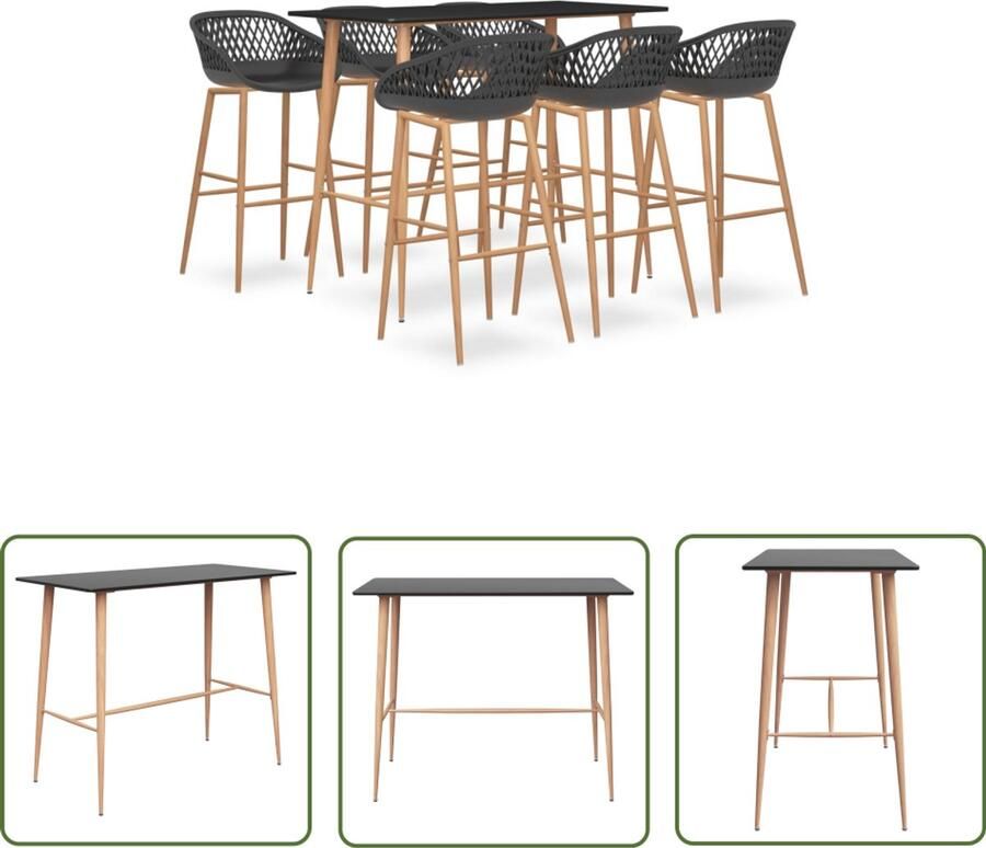 The Living Store 7-delige Barset zwart en grijs Bartafel Zwarte Bartafel Eetkamer Set Sta Tafels Lounge Meubilair