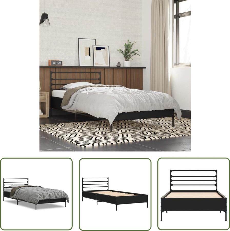 The Living Store Bedframe Metalen poten 193 x 78 x 74 cm Zwarte kleur Metalen Bed Frame Zwarte Bed Frame Houten Bed Frame Enkel Bed Tweepersoons Bed