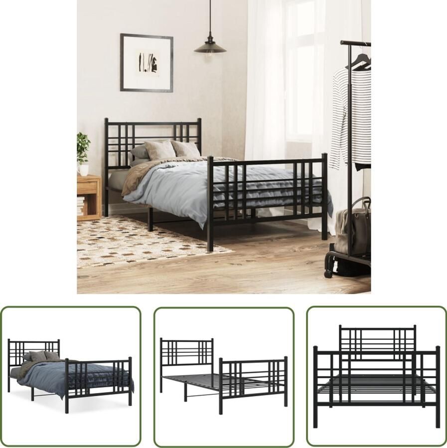 VidaXL Zwarte Bedpost Metalen Bed Frame Bedframe met hoofd- en voeteneinde metaal zwart 107x203 cm Staal Bedframe Boxspring Frame Tweepersoons Bed