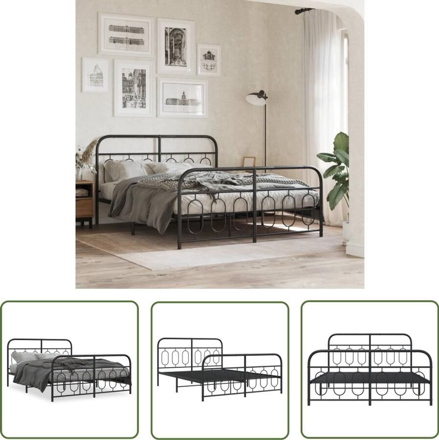 VidaXL Zwarte Bedpost Metalen Bed Frame Bedframe met hoofd- en voeteneinde metaal zwart 135x190 cm Boxspring Frame Staal Bedframe Tweepersoons Bed