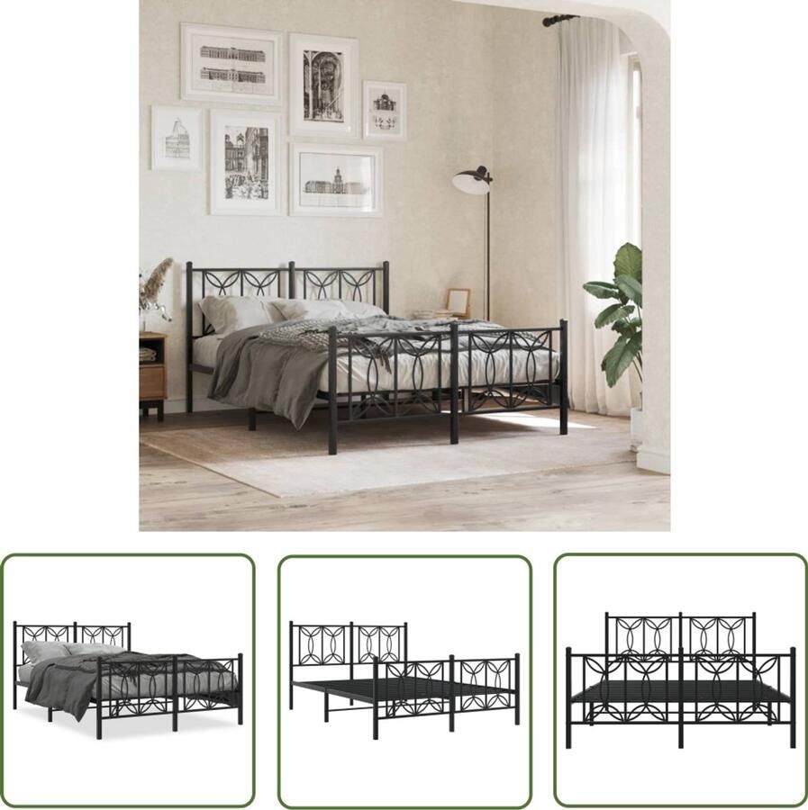 VidaXL Zwarte Bedpost Metalen Bed Frame Bedframe met hoofd- en voeteneinde metaal zwart 140x200 cm Boxspring Bed Tweepersoons Bed Staal Bedframe
