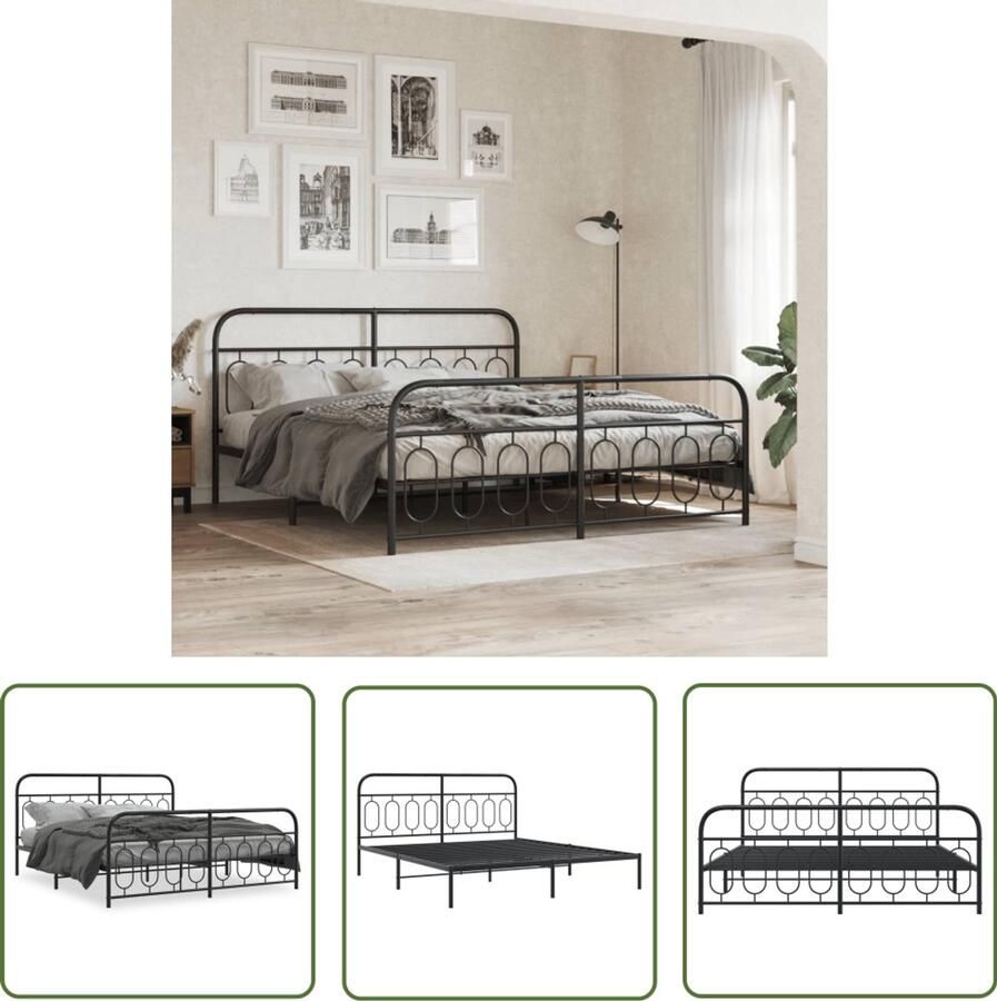 VidaXL Zwarte Bedpost Metalen Bed Frame Bedframe met hoofd- en voeteneinde metaal zwart 193x203 cm Boxspring Frame King Size Bed Slaapcomfort