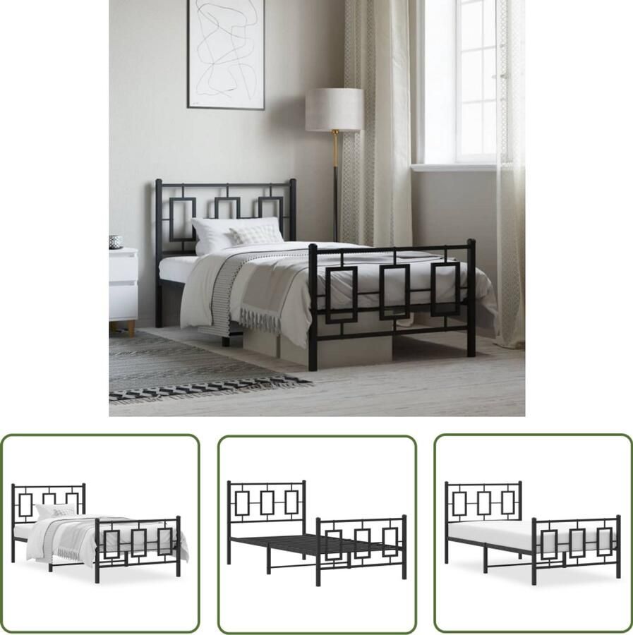 VidaXL Zwarte Bedpost Metalen Bed Frame Bedframe met hoofd- en voeteneinde metaal zwart 90x200 cm Staal Bedframe Boxspring Frame Tweepersoons Bed