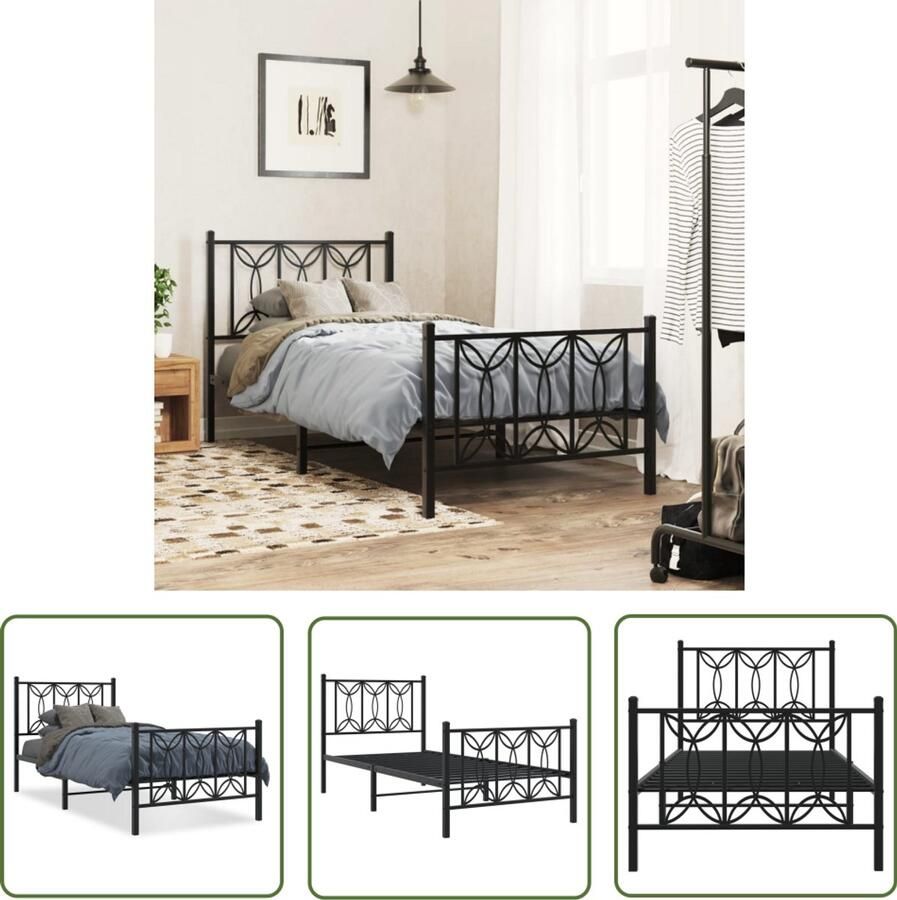 VidaXL Zwarte Bedpost Metalen Bed Frame Bedframe met hoofd- en voeteneinde metaal zwart 90x200 cm Boxspring Frame Staal Bedframe Tweepersoons Bed
