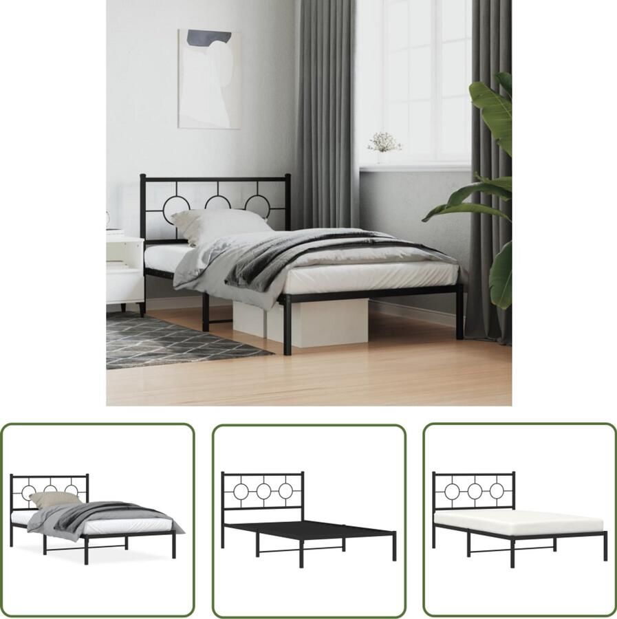 VidaXL Bedframe met hoofdbord metaal zwart 107x203 cm Metalen Bed Frame Zwarte Bedpost Boxspring Bed Hoofdbord Bed Staal Bedframe